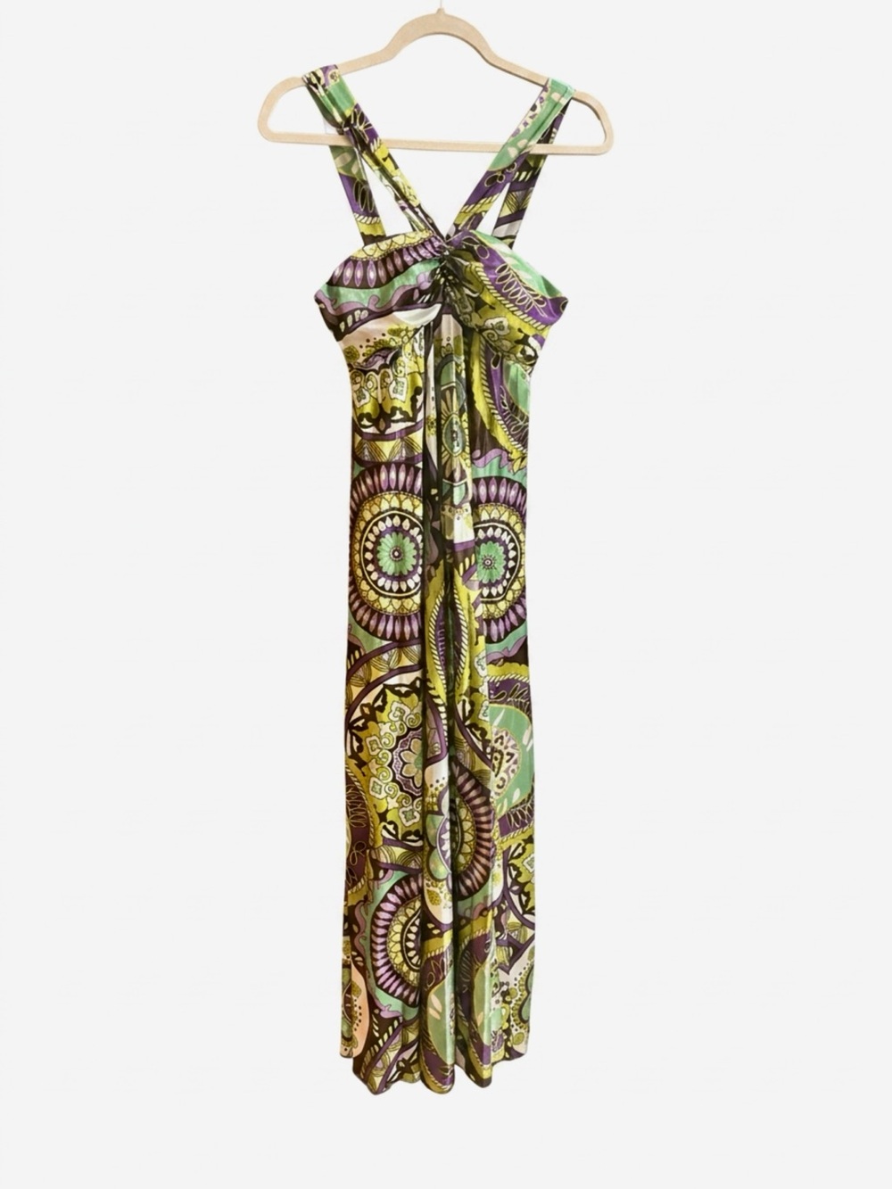 2011 B. Darlin Halter Maxi Dress Chartreuse Purple Snatched Bust Pleated 5/6